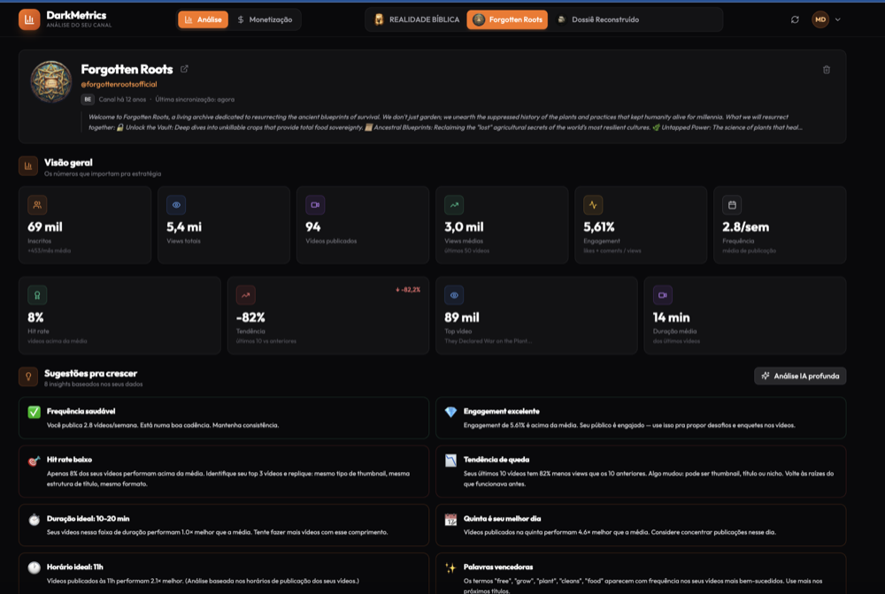 Tela do DarkMetrics: visão geral do canal e sugestões para crescer