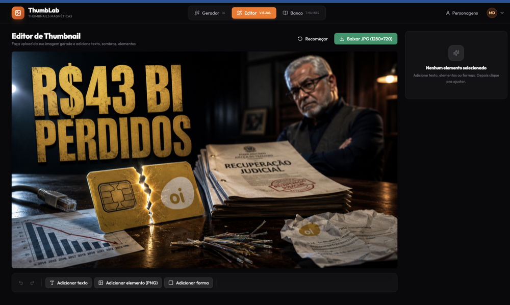 Tela do ThumbLab: editor visual de thumbnail com texto e elementos