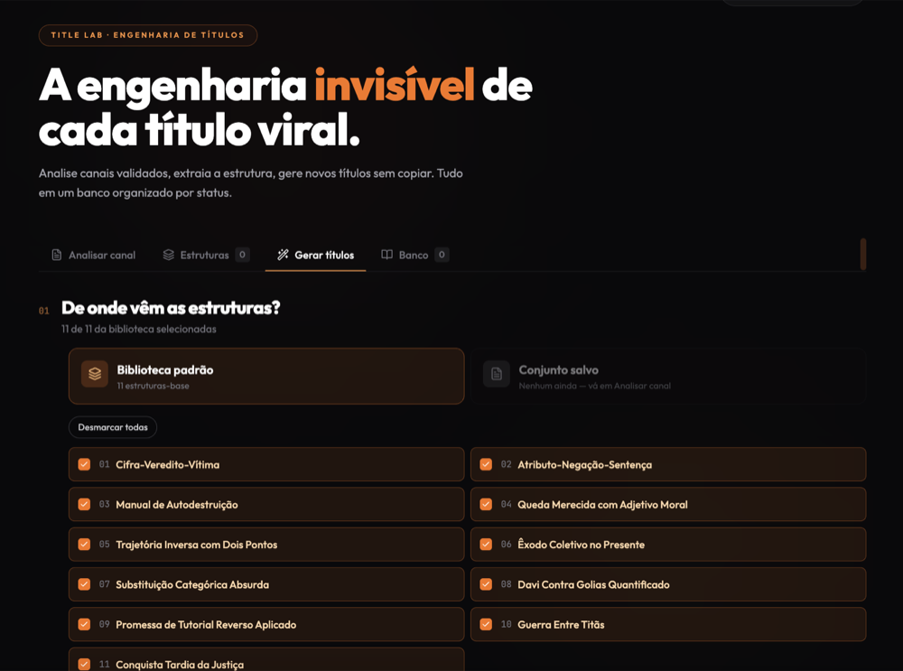 Tela do TitleLab: gerador de títulos a partir de estruturas-base