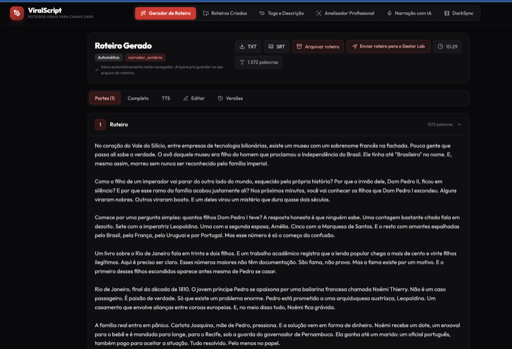 Tela do ViralScript: roteiro gerado com as opções de TXT, SRT e envio para o Gestor Lab