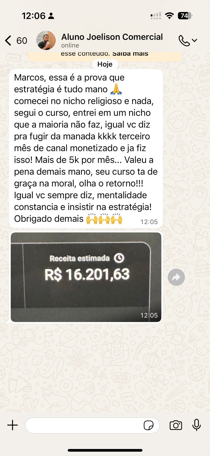 Print do aluno Joelison: receita estimada de R$ 16.201,63 no terceiro mês de canal monetizado