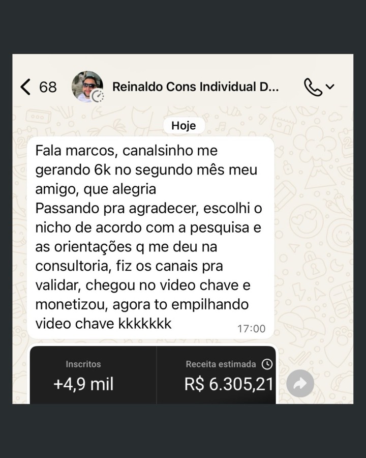 Print do aluno Reinaldo: receita estimada de R$ 6.305,21 no segundo mês