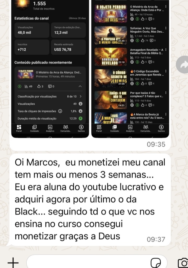 Depoimento de aluna sobre a monetização do canal
