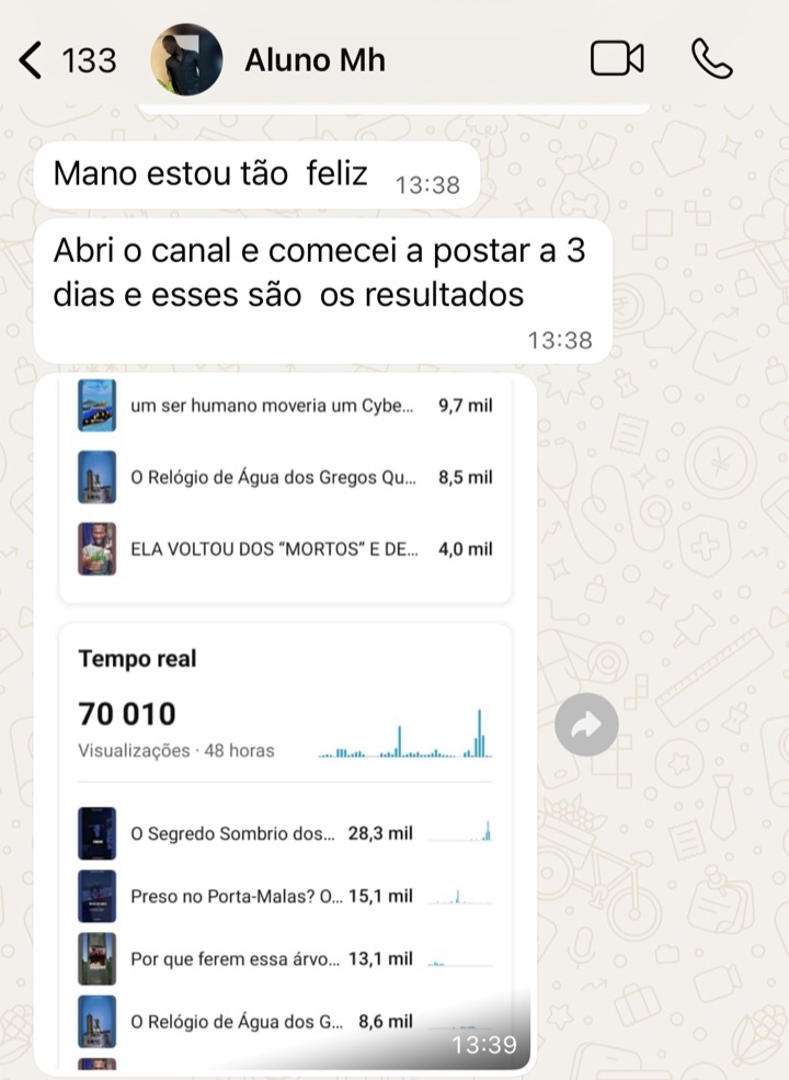 Depoimento de aluno sobre visualizações do canal